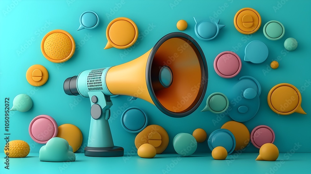 Poster creative 3d scene depicting a megaphone surrounded by speech bubbles all set against a bright blue b