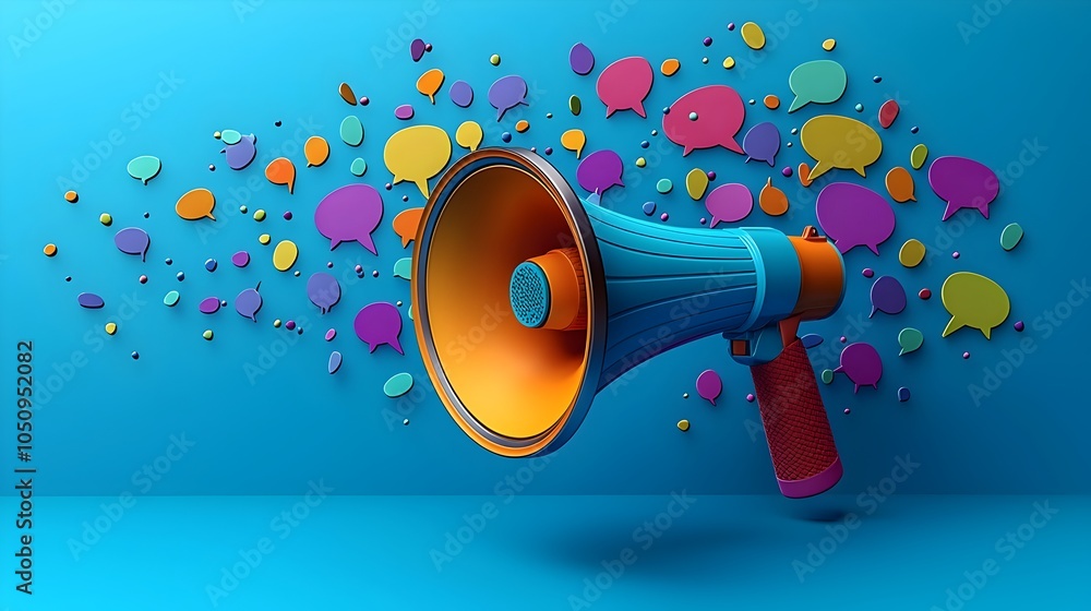 Aufkleber Vibrant 3D rendering of a megaphone projecting colorful speech bubbles on an energetic blue background symbolizing powerful communication voice amplification and digital marketing concepts