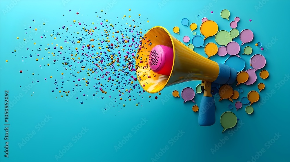Fototapete vibrant 3d rendering of a megaphone projecting colorful speech bubbles on a vibrant blue background 