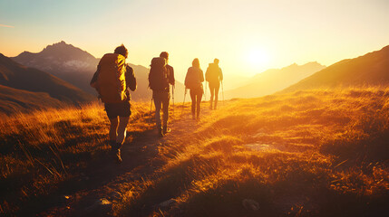 Fototapeta premium group of friends hiking during beautiful sunset in mountains