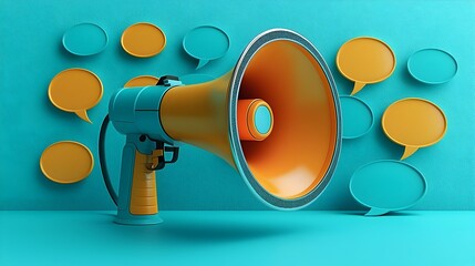 Creative 3D scene of a megaphone surrounded by speech bubbles all against a bright blue background showcasing the power of communication and outreach in various digital and marketing applications