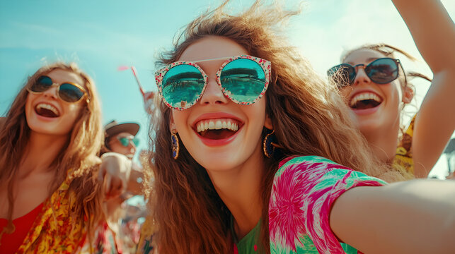 Friends enjoying vibrant day at music festival, filled with joy and laughter