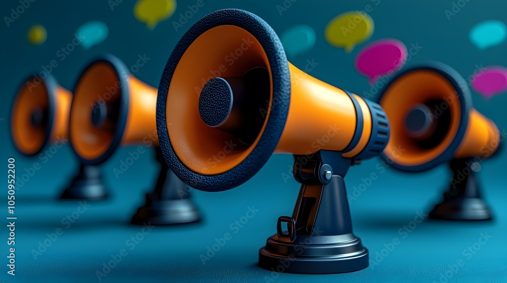 Poster powerful 3d megaphones with vibrant speech bubbles on a deep blue background representing effective 