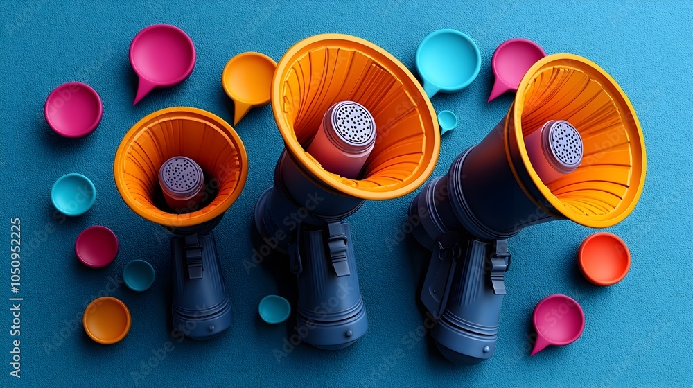 Poster Vibrant 3D Megaphones with Colorful Speech Bubbles on a Deep Blue Background Representing the Power of Communication Information Sharing and Effective Messaging