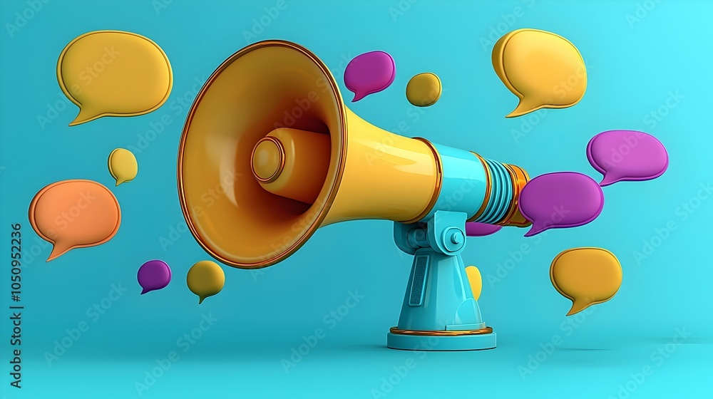 Aufkleber Vibrant 3D megaphone with floating colorful speech bubbles on a clean blue background representing the power of marketing messaging and communication in digital and advertising campaigns