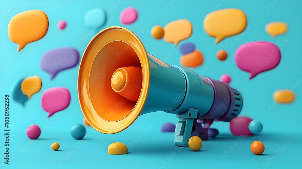Fototapete Megaphone with Bold Colorful 3D Speech Bubbles Floating in Space Against a Clean Blue Background Representing Powerful Marketing and Effective Messaging Concepts