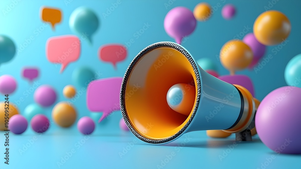 Poster vibrant 3d megaphone with bold colorful speech bubbles floating in a 3d space contrasted by a clean 