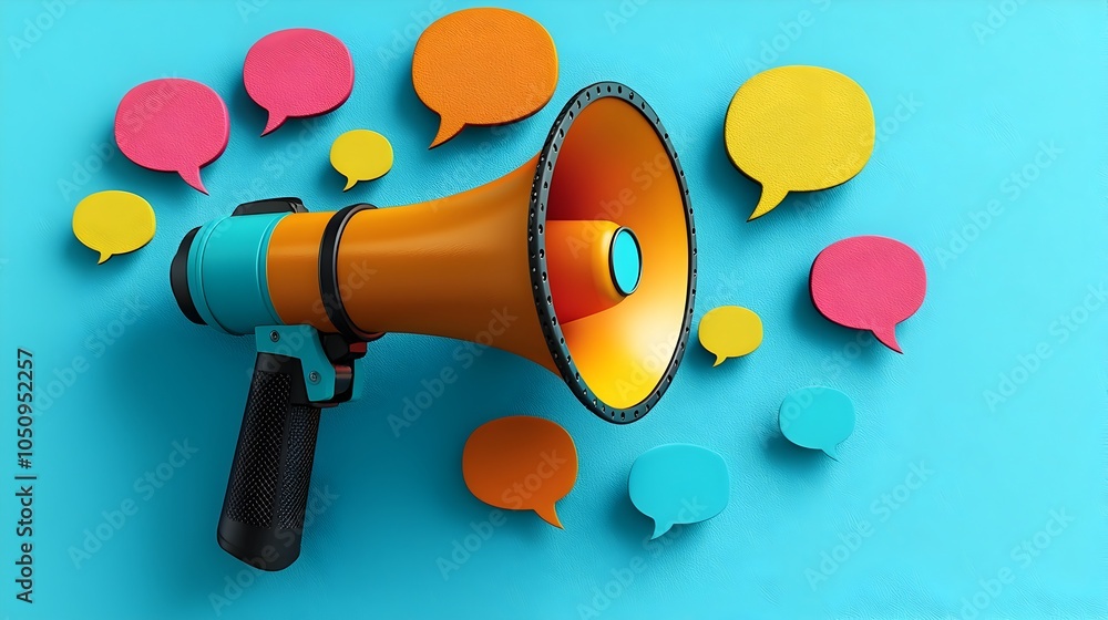 Aufkleber Powerful megaphone surrounded by multiple colorful speech bubbles in a 3D space set against a vibrant blue background symbolizing the power of communication messaging