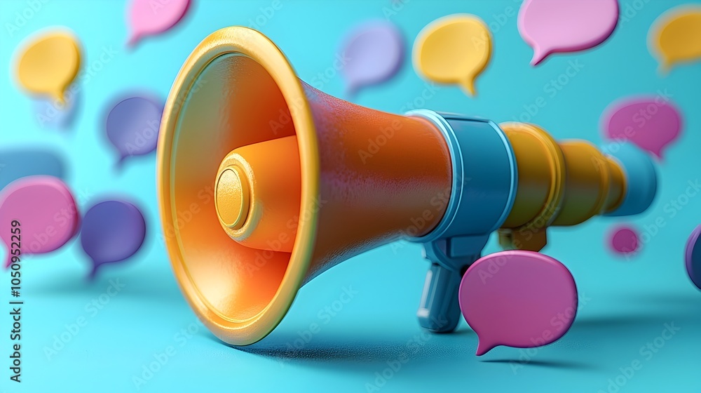 Aufkleber vibrant megaphone with bold colorful speech bubbles floating in a 3d space contrasted by a clean blu
