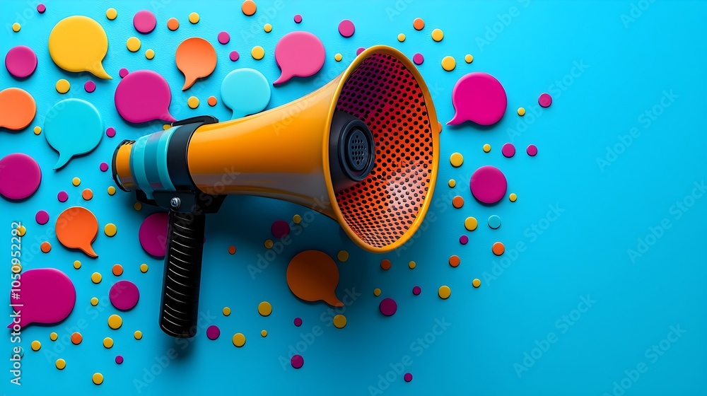 Poster Colorful 3D megaphone with multiple speech bubbles in a vibrant blue 3D space symbolizing the power of communication messaging and amplifying one s voice  This image represents the technology design