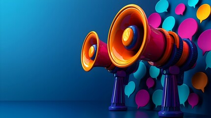 Powerful communication and information sharing concept represented by a group of 3D megaphones with vibrant speech bubbles on a deep blue background showcasing the impact of technology marketing