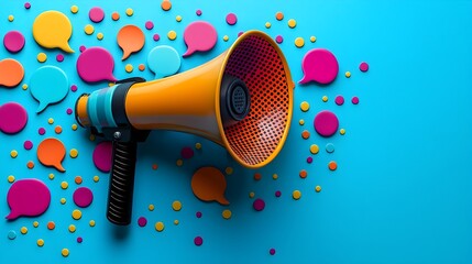 Colorful 3D megaphone with multiple speech bubbles in a vibrant blue 3D space symbolizing the power of communication messaging and amplifying one s voice  This image represents the technology design