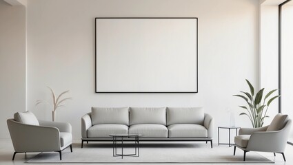 Minimalist Wall Art Mockup for Modern Living Room Design Featuring Elegant Canvas and Sleek Gray Sofa