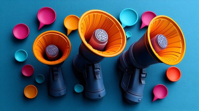 Vibrant 3D Megaphones with Colorful Speech Bubbles on a Deep Blue Background Representing the Power of Communication Information Sharing and Effective Messaging