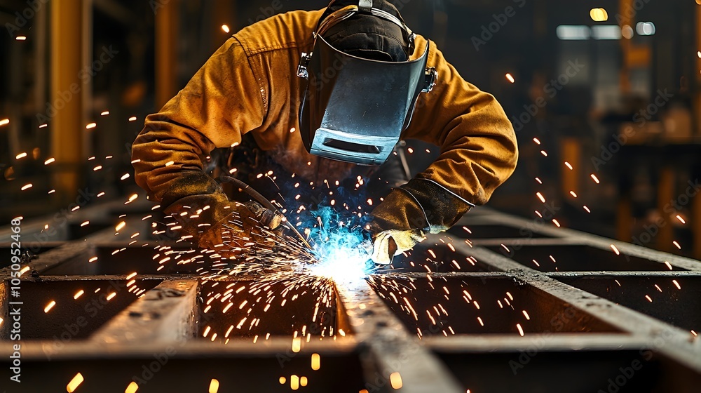 Poster skilled welder focused intently while working on a steel frame structure creating a vivid display of
