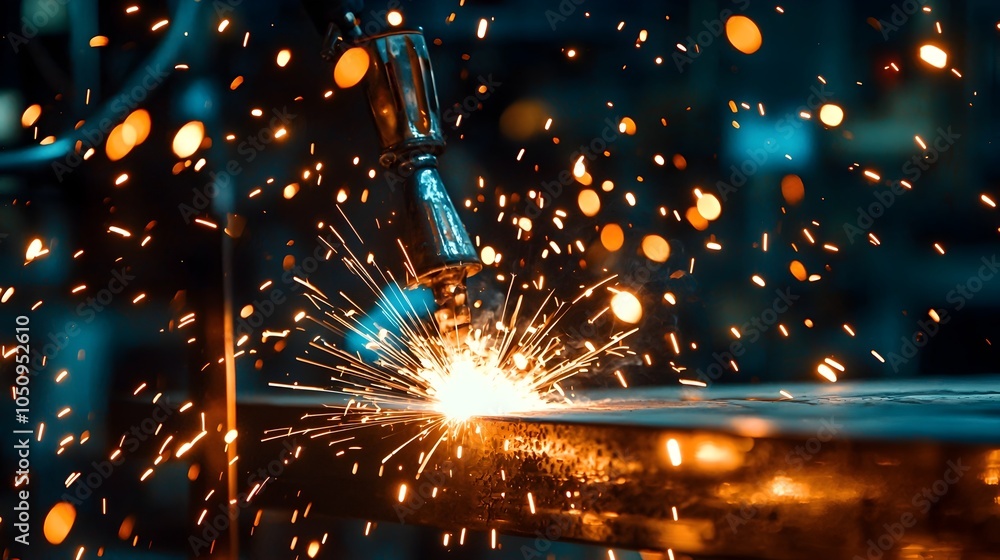 Poster bursts of sparks from a welding torch light up a steel structure in the darkened industrial workshop