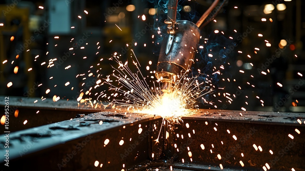 Poster sparks burst from the welding torch illuminating a steel structure in the darkened workshop and crea