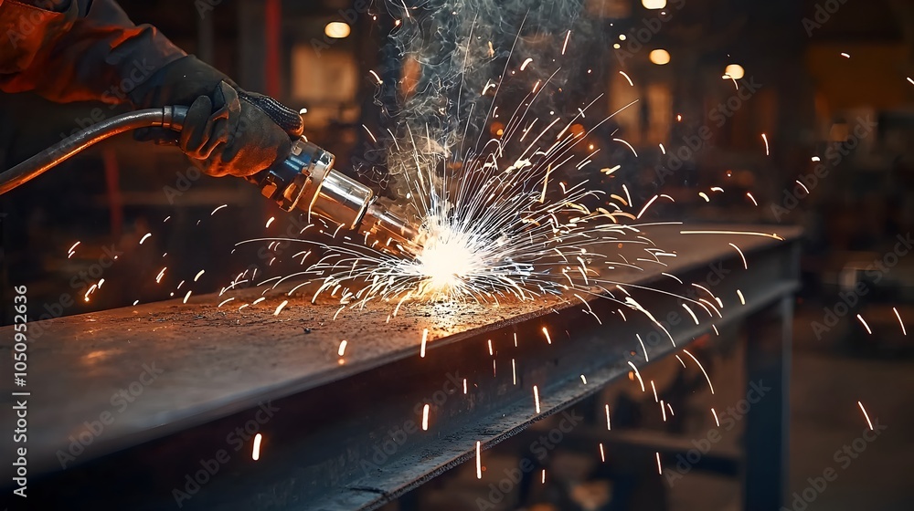 Poster sparks burst from a welding torch illuminating a steel structure in the darkened workshop and creati