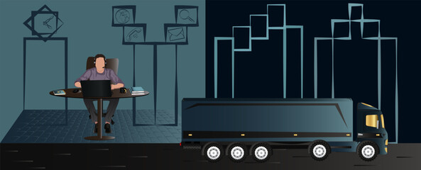 men in a office, working in call center,logistics, fast express,computer, businessman vector,book and copybook in a table, coffee, mouse, headphone, letter, phone, search, clock, pen, delivery, truck