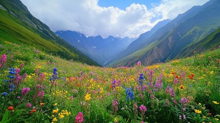Fototapeta premium A Verdant Valley of Colorful Flowers in Mountainous Landscape