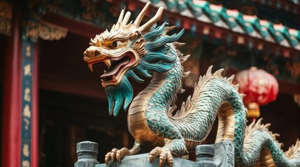 Obraz premium A stunning dragon sculpture with vibrant colors and intricate details adorns the entrance of a traditional temple, invoking cultural heritage and mysticism.