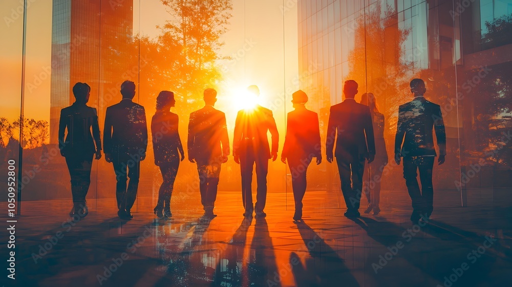 Poster backlit silhouettes of a group of business professionals collaborating in a modern office setting wi