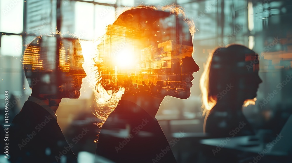 Poster Seamless blending of corporate environment and collaborative teamwork in a sunlit office setting showcasing the synergy of a business team working together towards shared goals