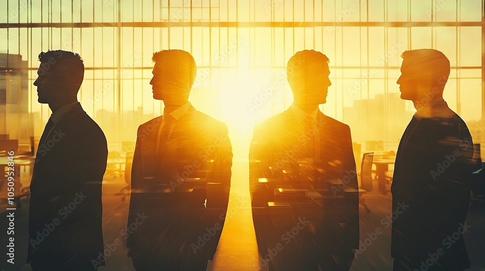 Poster silhouetted business professionals in a bright office setting captured in a double exposure effect h