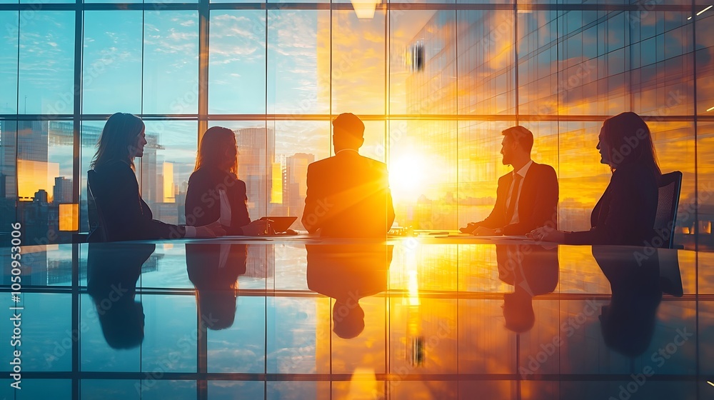 Fototapete double exposure of business professionals collaborating in a bright sunlit workspace highlighting th