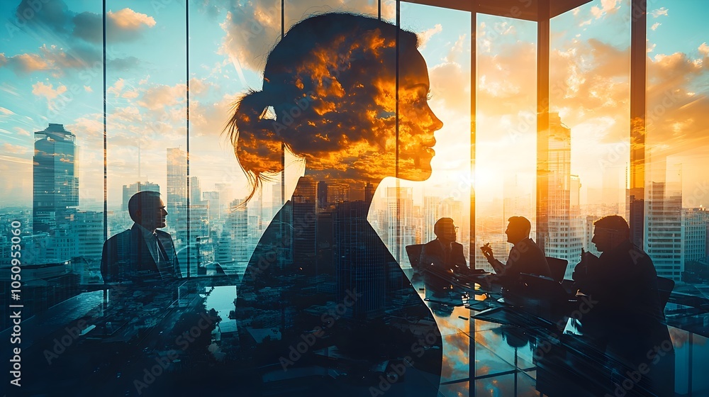 Poster double exposure of business professionals working together in a modern collaborative workspace with 