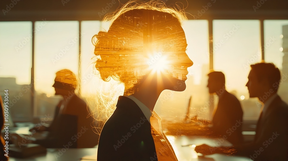 Leinwandbilder bright and airy office environment with business team collaborating through double exposure techniqu