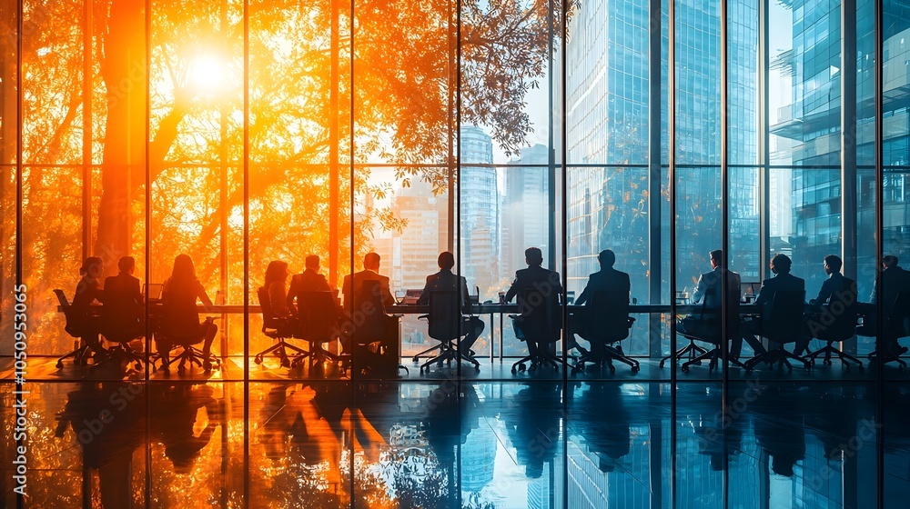 Poster Illuminated professionals engage in teamwork and innovation within a sunlit modern workspace highlighting the dynamic nature of their cooperative efforts