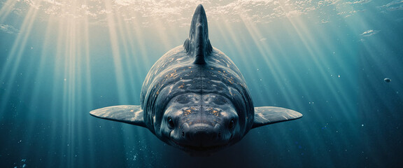 Great white shark swimming in sunlit ocean depths