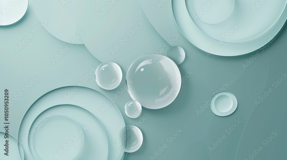 Poster a serene, minimalist composition featuring translucent bubbles and circular geometric forms on a sof
