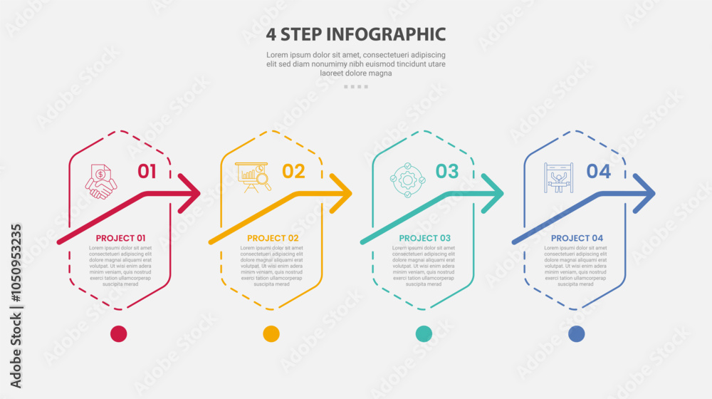 Aufkleber 4 points template infographic outline style with 4 point step template with vertical hexagon with ar