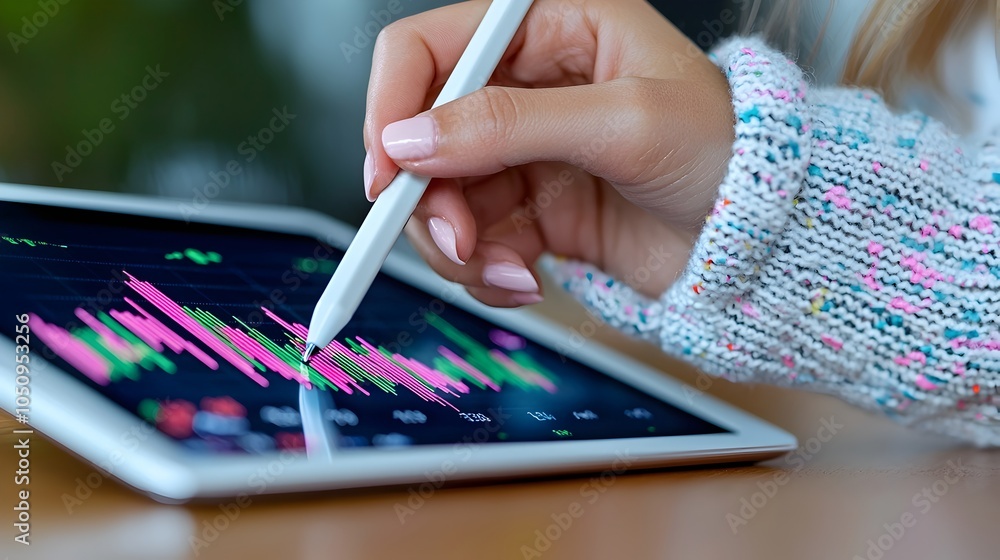 Leinwandbilder a woman s hand delicately holds a stylus interacting with a tablet displaying colorful financial cha