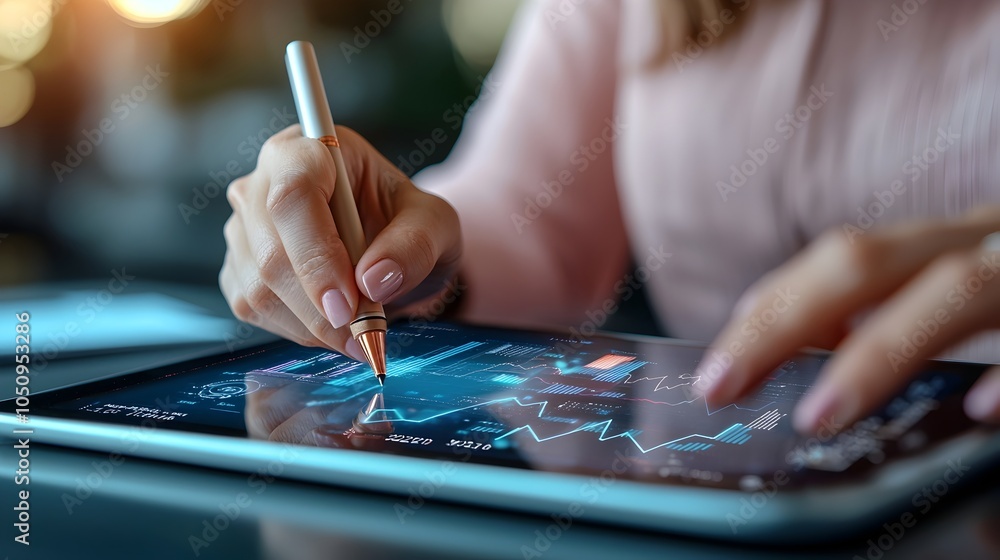 Aufkleber Close up view of a woman s hand using a pen on a tablet screen displaying complex graphs analytical charts and futuristic data visualization  Concept of modern business analytics finance research