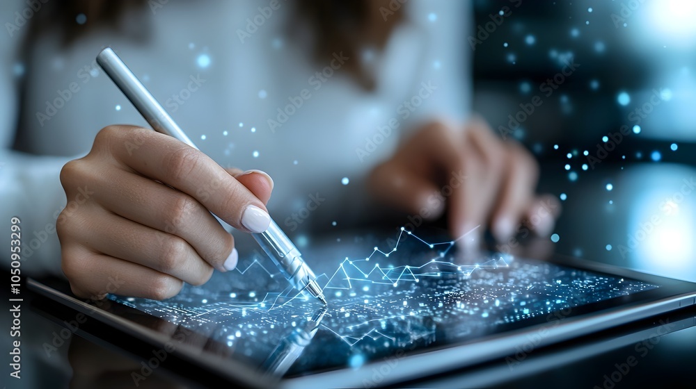 Aufkleber Close up of a woman s hand using a pen on a tablet screen with complex graphs and analytical charts showcasing a futuristic data representation for business and finance analysis