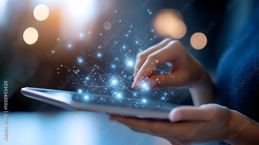 Poster Graceful Female Hand Carefully Navigating Through Intricate Business Data Graphs and Charts Displayed on a Digital Tablet Screen in a Bright Watercolor Style Symbolizing Data Analysis