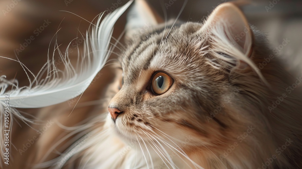 Poster close-up of a fluffy cat with mesmerizing eyes intently gazing at a delicate floating feather, evoki