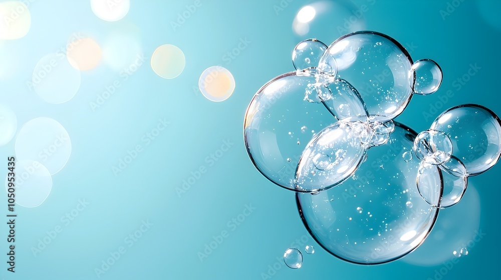 Poster mesmerizing underwater bubbles floating against a tranquil blue gradient background creating a seren