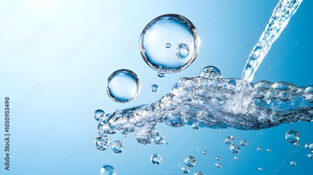 Fototapete mesmerizing fluid water bubbles suspended in mid air set against a serene and tranquil ocean blue ba