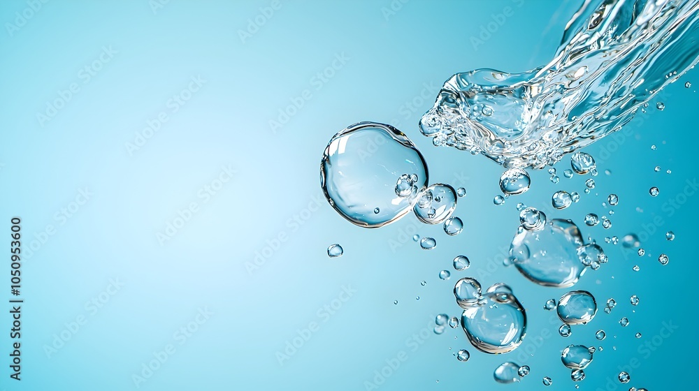 Poster airy gently floating water bubbles on a soft blue gradient backdrop creating a minimalist and soothi