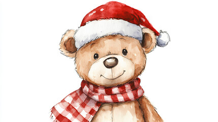 Teddy bear wearing a red hat and a red and white scarf. The bear is smiling and he is happy