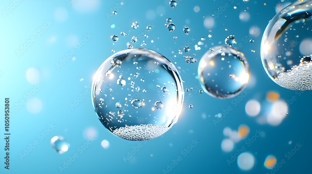 Aufkleber transparent and ethereal water bubbles floating gently against a serene blue gradient background cre