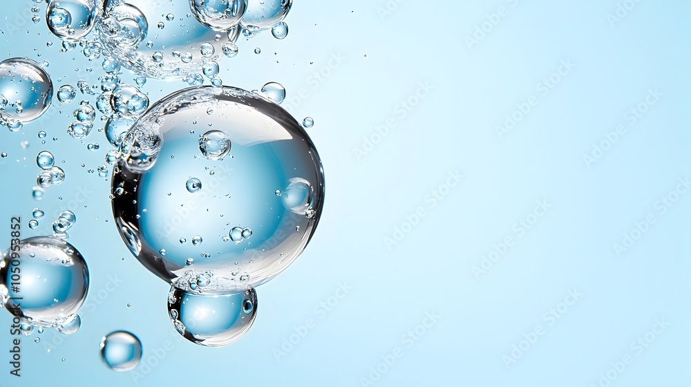 Poster transparent water bubbles with soft glowing light reflections floating effortlessly against a serene