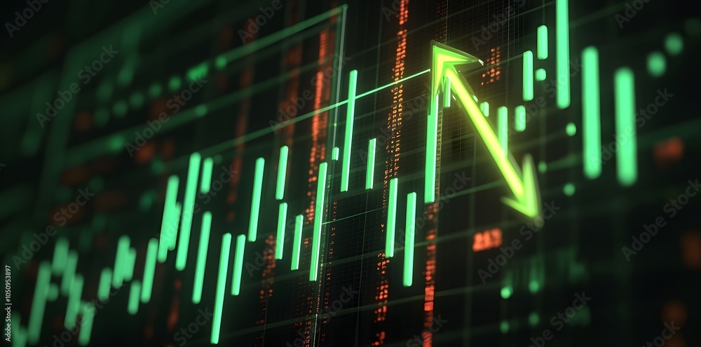 Poster a digital stock market chart displaying fluctuating prices with an upward trend indicator.