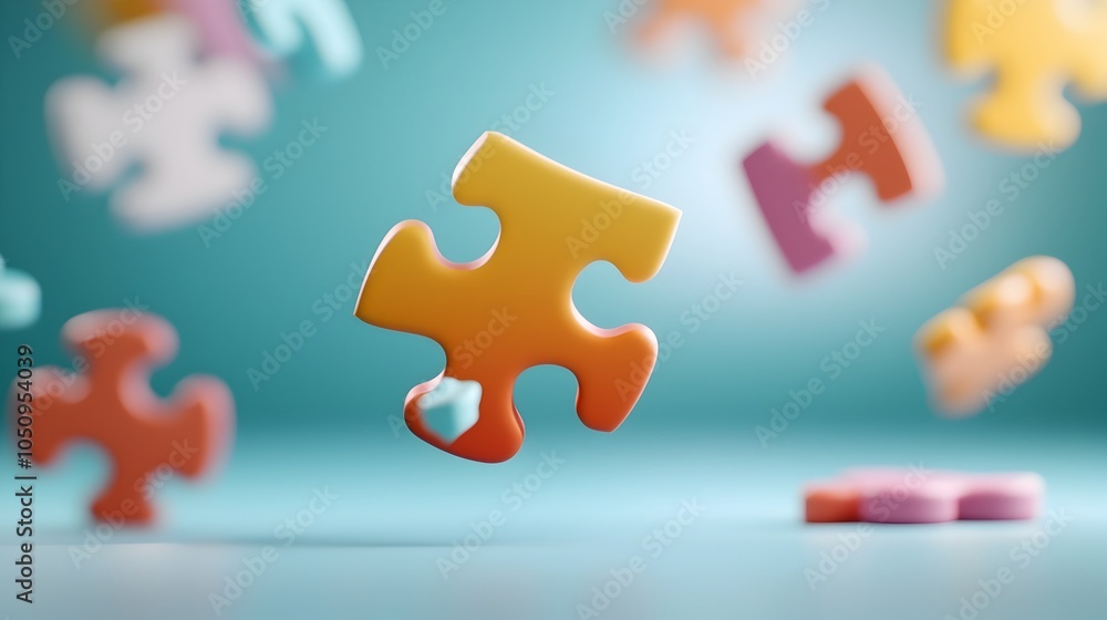 Poster Floating puzzle pieces in mid air each piece glowing with bright vibrant colors creating a dynamic and abstract visual composition
