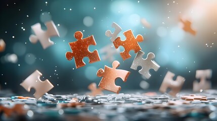 Vibrant and colorful puzzle pieces floating in mid air creating a dynamic and captivating abstract composition that symbolizes creativity problem solving and innovative thinking