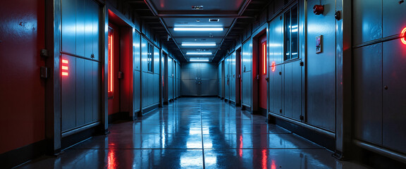 Futuristic corridor with blue and red lighting